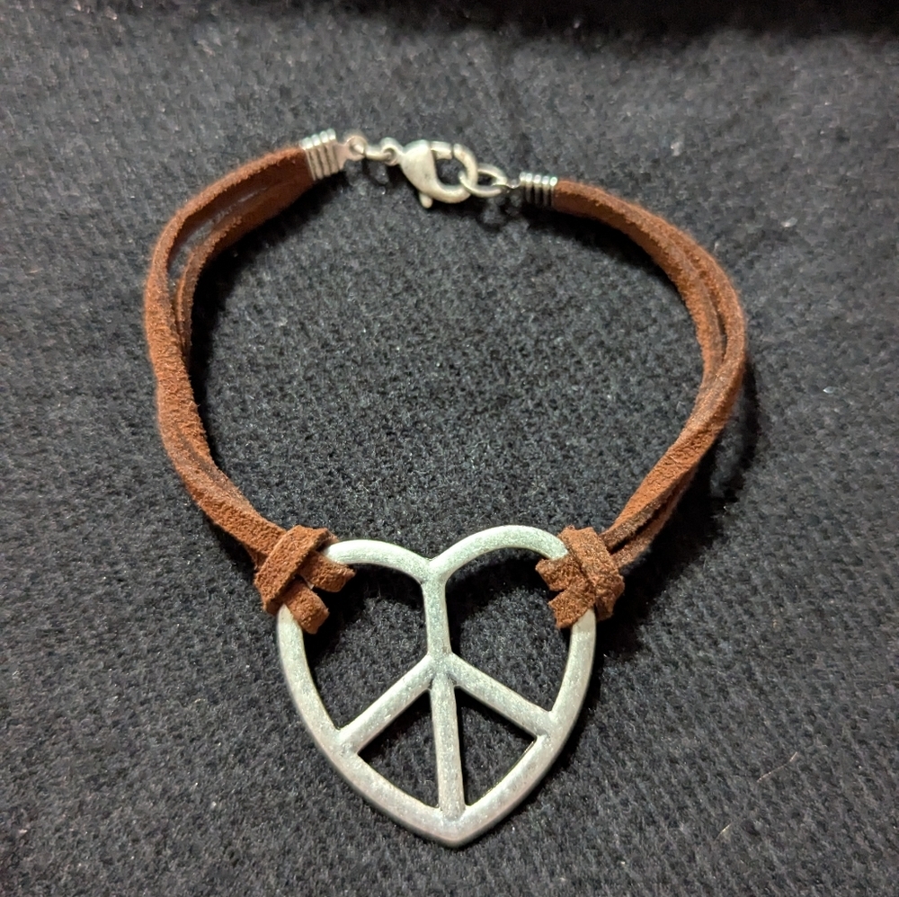 Silver Tone Peace Sign Brown Suede Cord Statement Bracelet